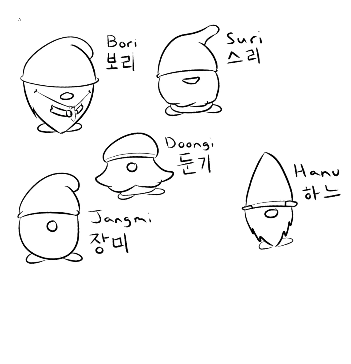 A black-and-white line drawing shows five simple, round, gnome-like characters, each with a distinct hat and a single eye…