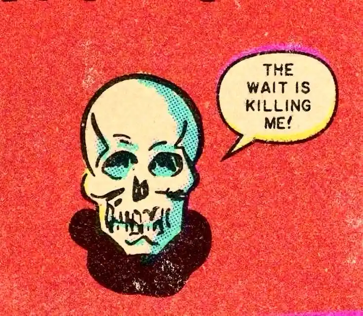 A stylized comic book skull with a distressed expression is shown against a textured red background, accompanied by a speech…