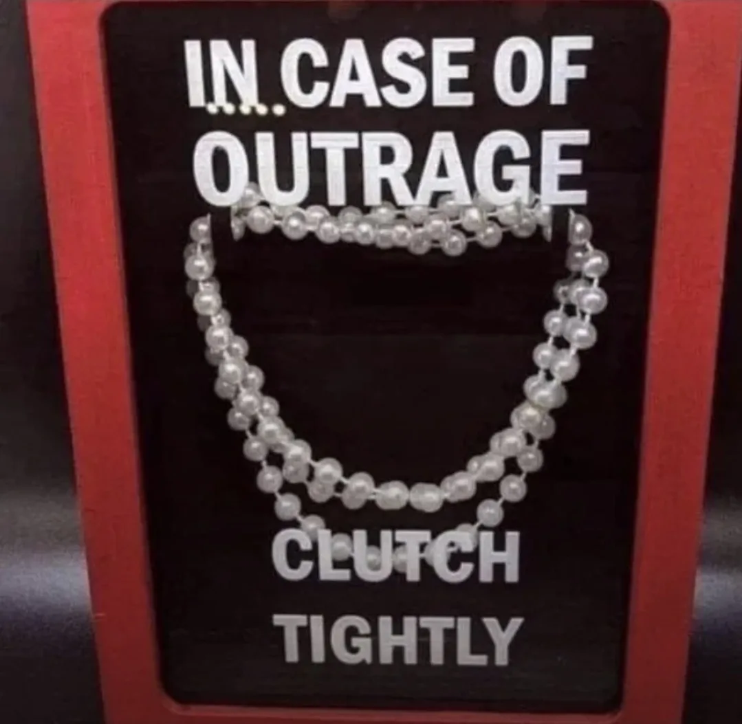 A red-framed display case with a black background shows a pearl necklace arranged in the shape of a bucket. White bold text…