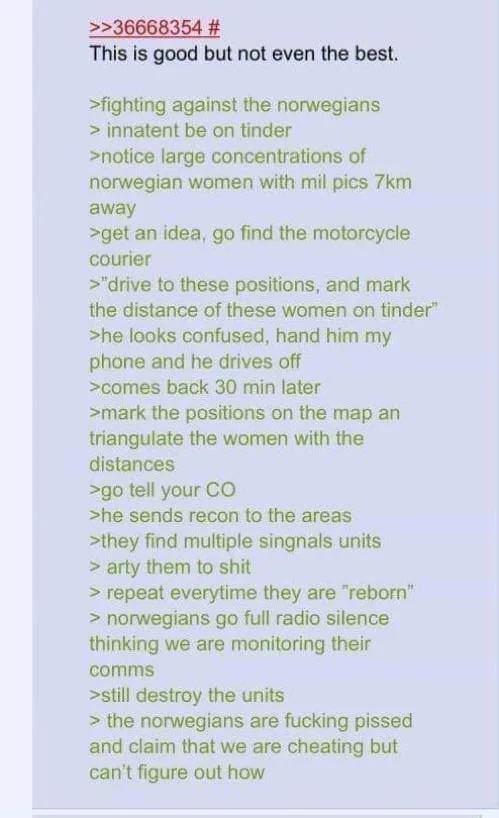 A text-based image with a light blue background and green text, showing a fictional military strategy involving using Tinder…