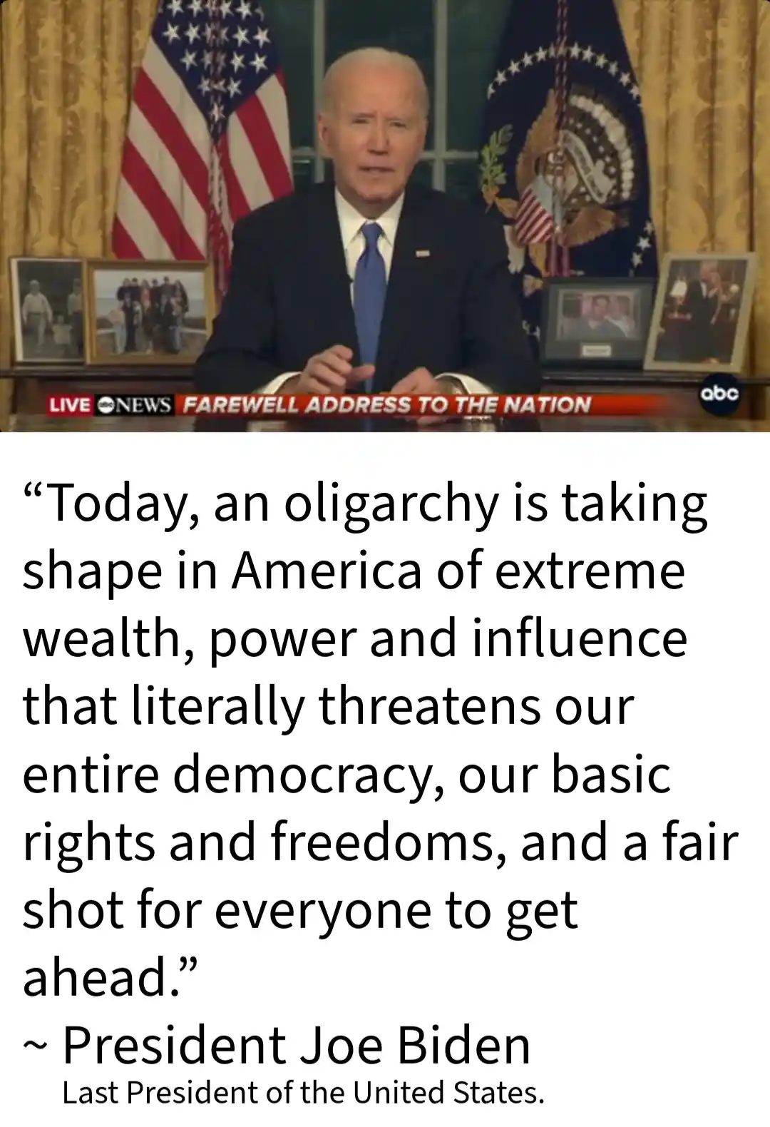A still image of Joe Biden speaking at a desk in the Oval Office, with American flags and framed photos behind him. A news…