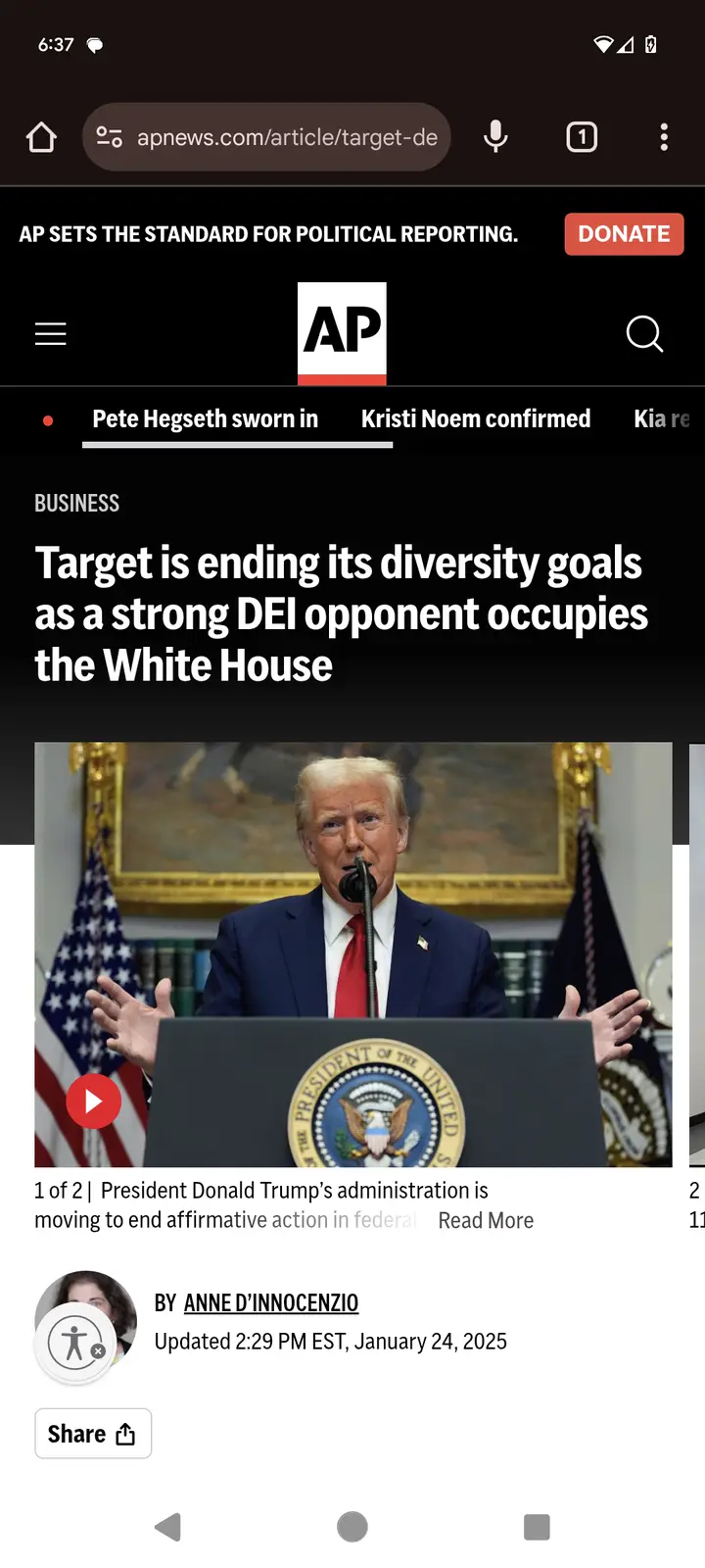 A screenshot of an AP News article headline showing Donald Trump at a podium with the presidential seal, flanked by American…