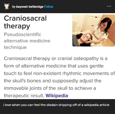 A screenshot of a Wikipedia article about 'Craniosacral therapy' shows a photo of a practitioner performing the treatment on…
