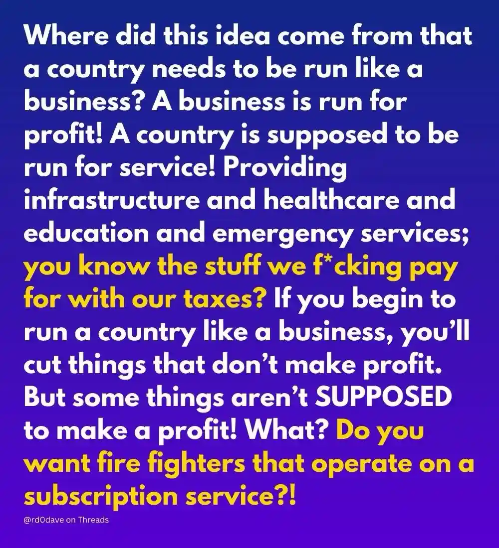 A solid blue-to-purple gradient background displays a block of white and yellow text. The text is a rant questioning the…