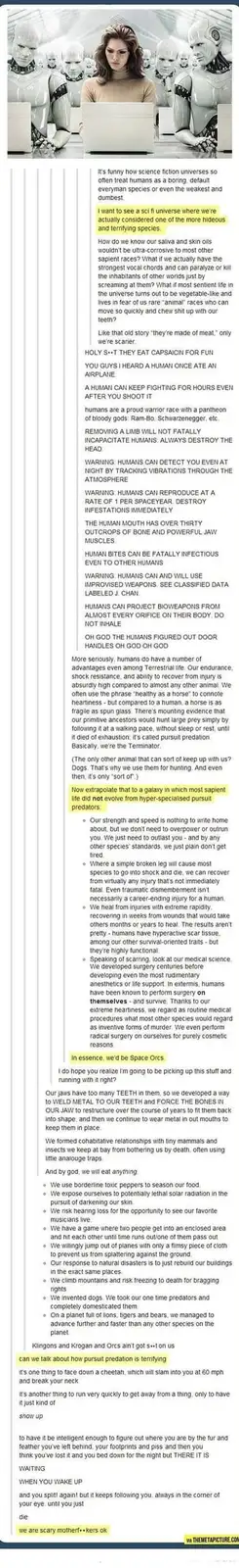 A woman sits at a desk surrounded by humanoid robots, overlaid with a long text passage that humorously lists human traits…