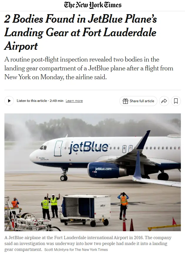 A screenshot of a New York Times article headline about two bodies found in a JetBlue plane's landing gear compartment at…