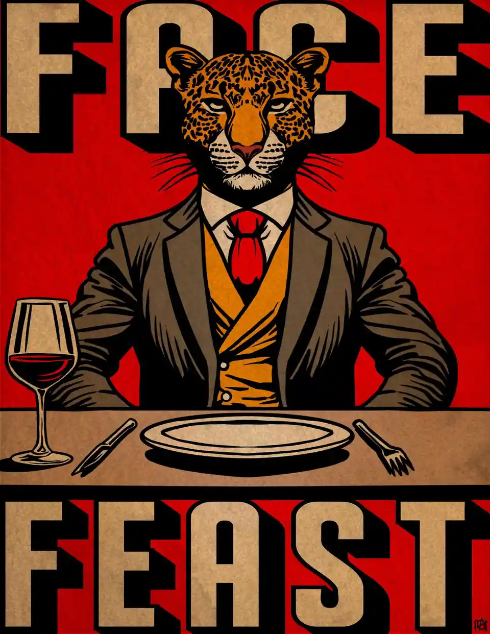 A stylized illustration of a leopard wearing a suit and red tie, seated at a dining table with a plate, knife, fork, and…