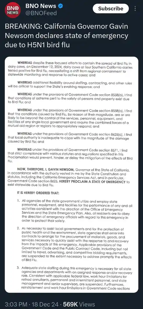 A screenshot of a BNO News tweet displays a formal government proclamation declaring a state of emergency in California due…