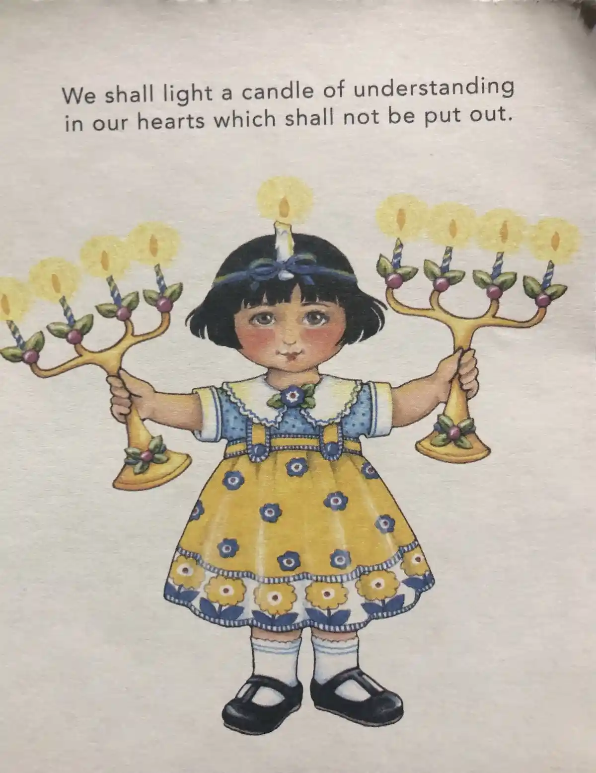 A vintage-style illustration shows a young girl in a yellow and blue floral dress holding two menorahs, each with multiple…