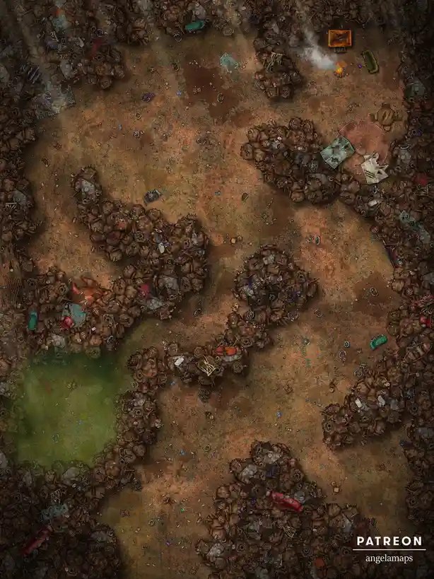 This is a top-down fantasy dungeon map showing a large central open area surrounded by piles of trash, debris, barrels…