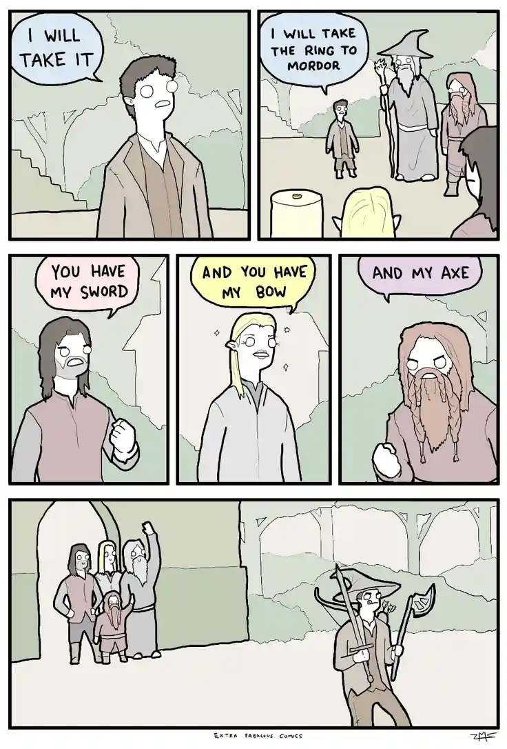 A comic strip depicts a character volunteering to take the One Ring to Mordor, then being handed his sword, bow, and axe by…