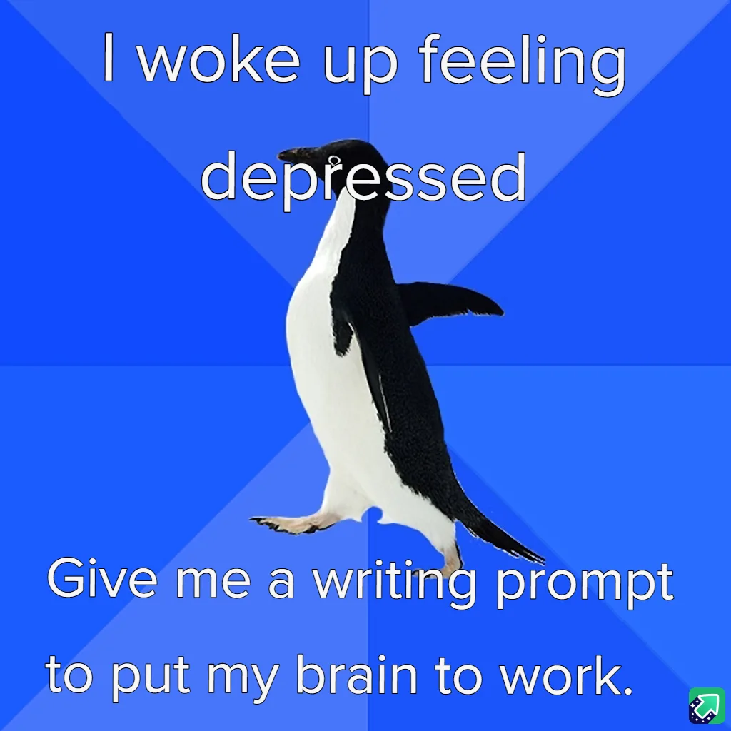 A penguin stands against a blue background with diagonal lines, looking slightly downcast. The text reads 'I woke up feeling…
