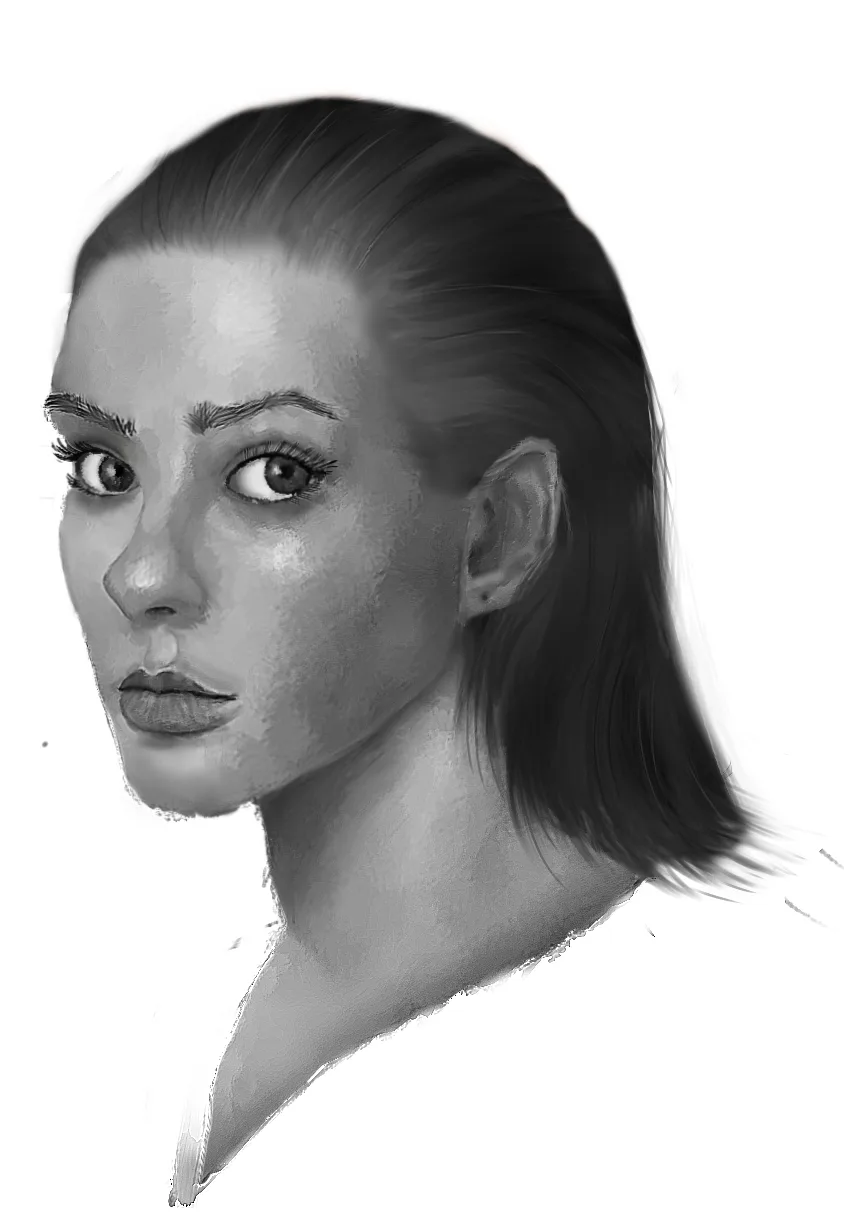 A grayscale digital portrait of a woman with short, slicked-back hair, looking directly at the viewer with a neutral…