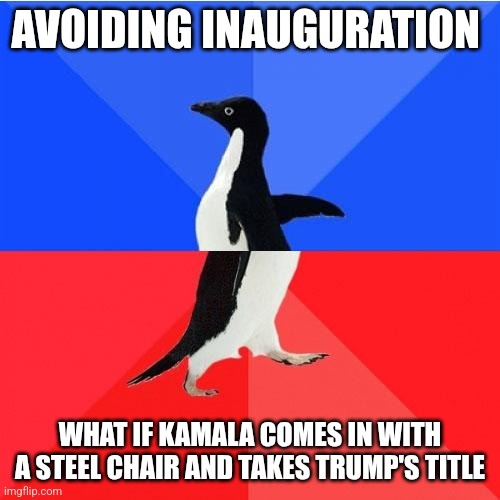 A penguin walks across a red and blue background, with the text 'AVOIDING INAUGURATION' at the top and 'WHAT IF KAMALA COMES…