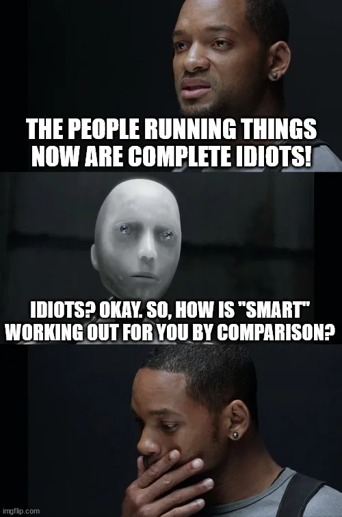 The image is a three-panel meme featuring Will Smith in two panels and a bald, emotionless CGI character in the middle. The…