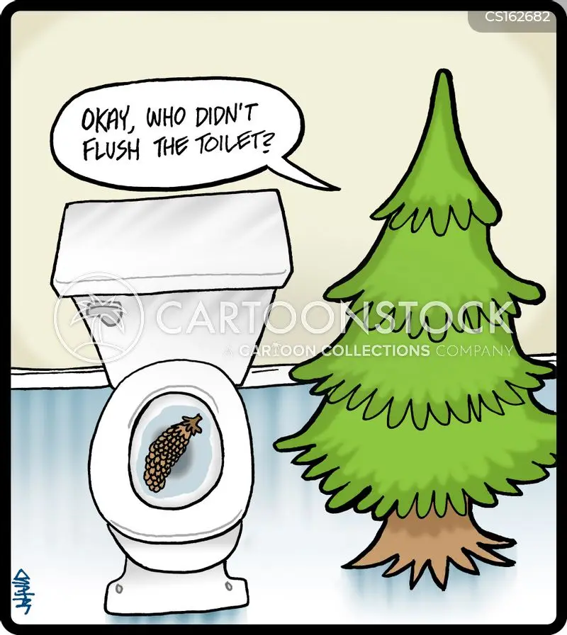 A cartoon toilet with a pinecone floating in the water has a speech bubble saying 'okay, who didn't flush the toilet?' next…