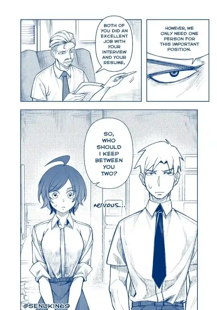 A manga-style comic panel shows a hiring manager praising two equally qualified job candidates, then revealing only one can…
