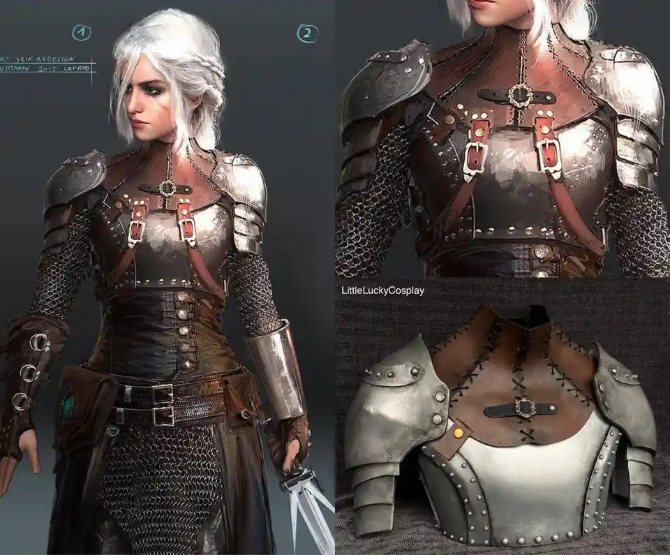 The image displays a side-by-side comparison: on the left, a digital concept art of a female warrior with white hair wearing…