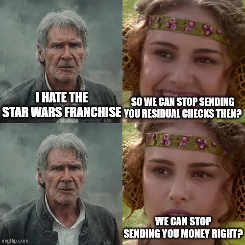 A four-panel meme featuring Harrison Ford as Han Solo looking annoyed, and a woman with a floral headband looking smug then…