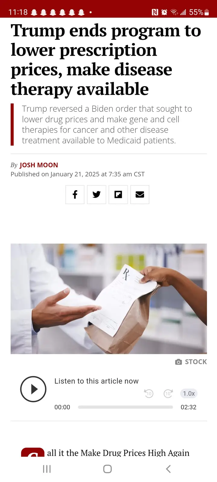 A screenshot of a news article titled 'Trump ends program to lower prescription prices, make disease therapy available'…