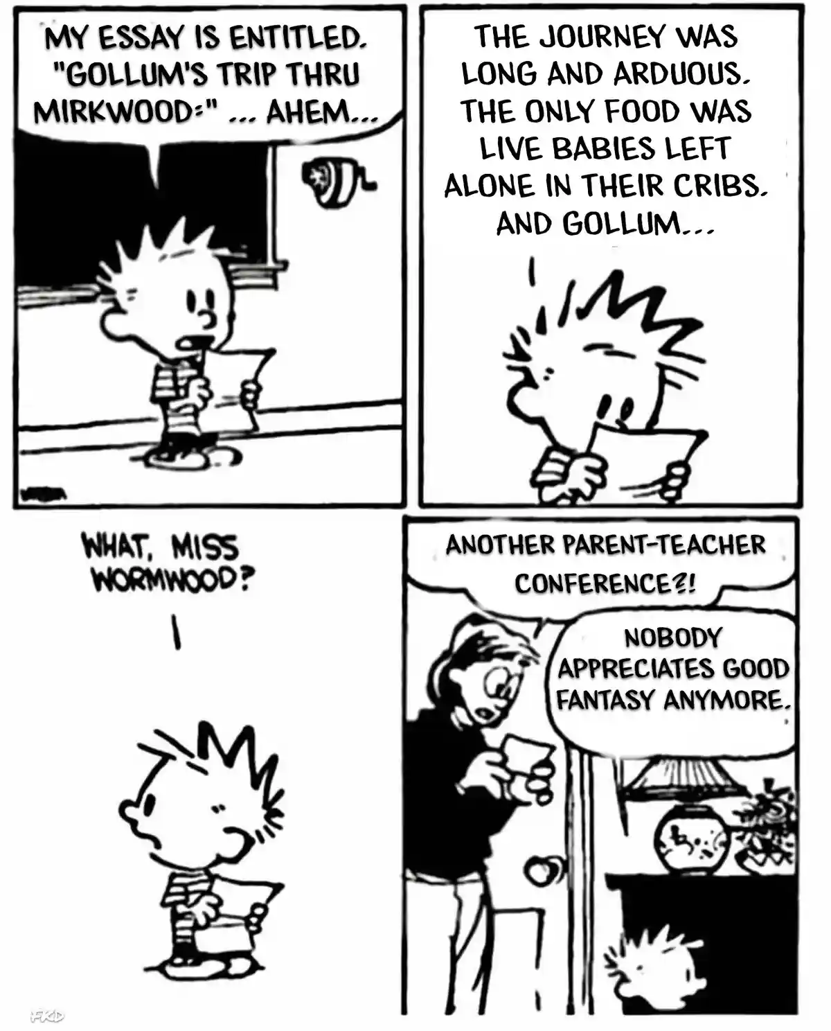 A four-panel comic strip shows a boy presenting a fantasy essay titled 'Gollum's Trip Thru Mirkwood' to his teacher, Miss…