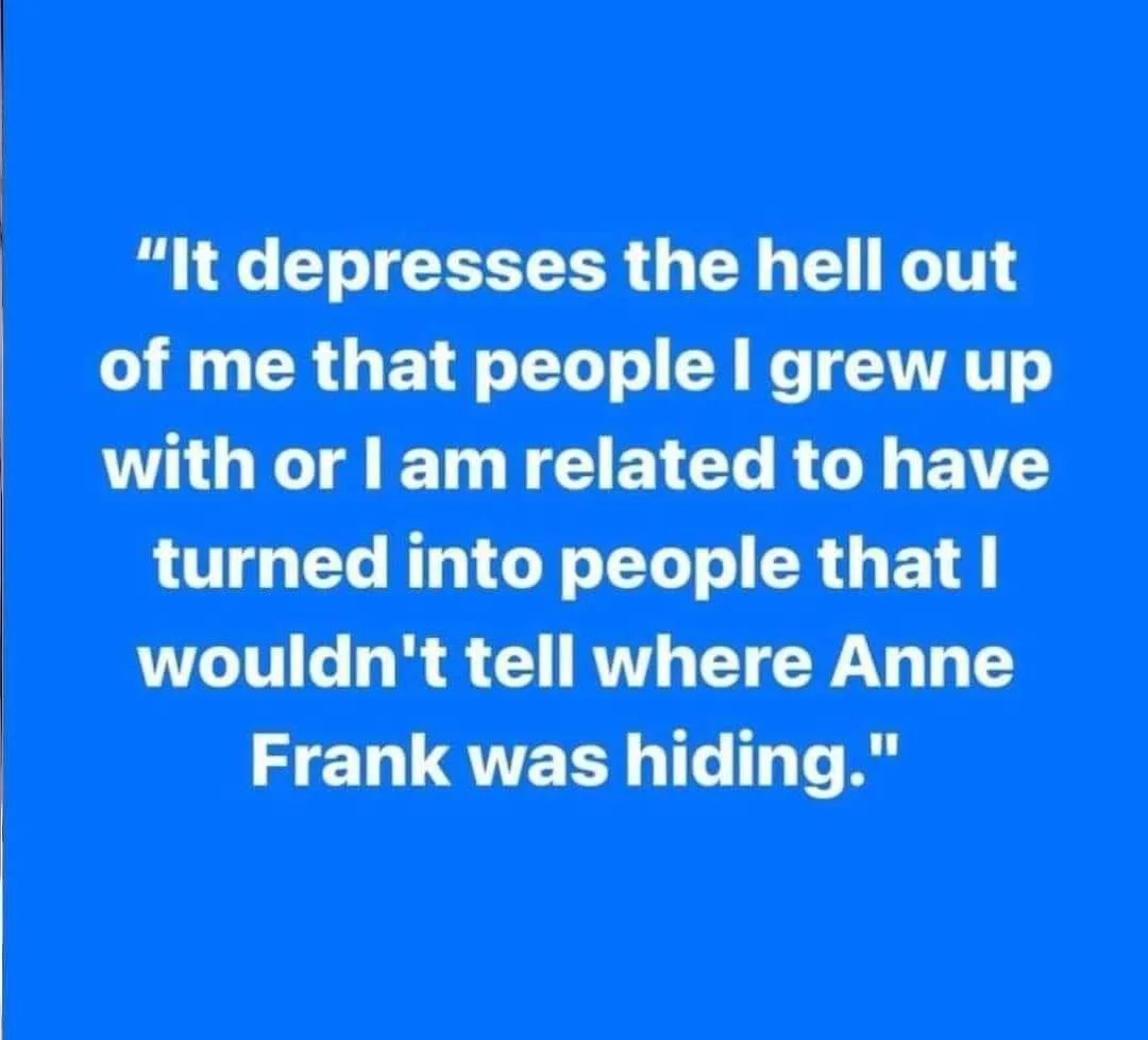 A solid blue background with white text centered, quoting: 'It depresses the hell out of me that people I grew up with or I…