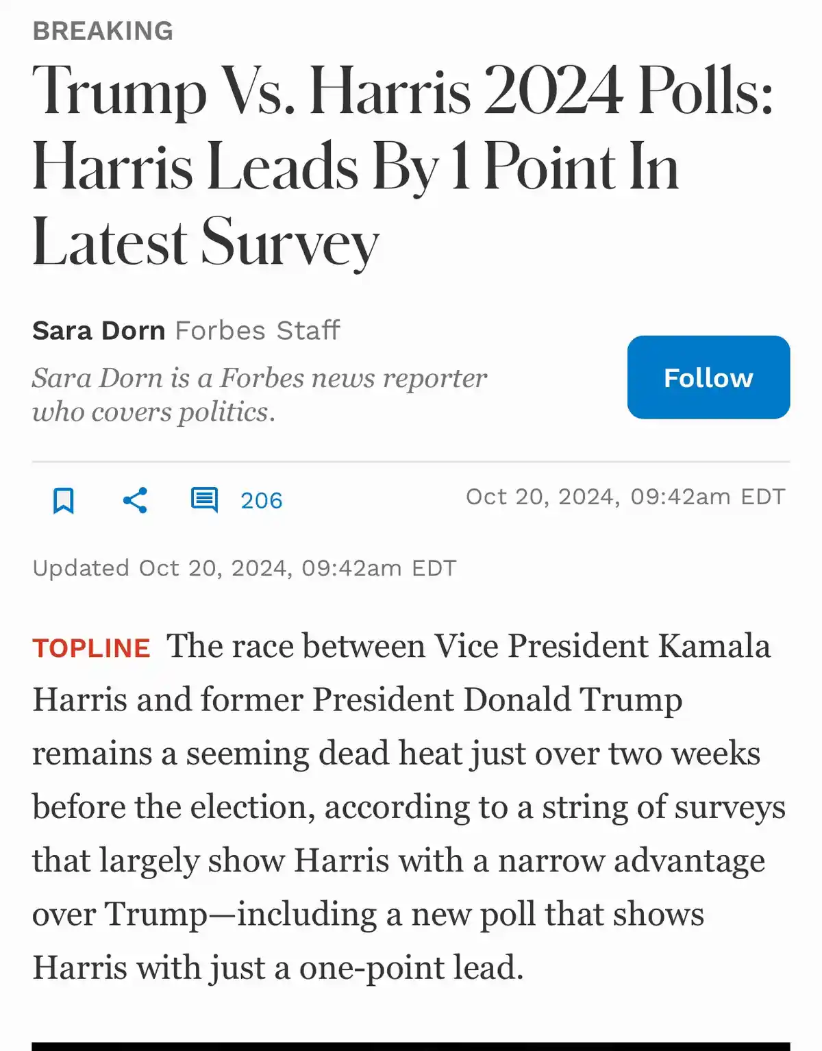 A screenshot of a Forbes news article headline reading 'Trump Vs. Harris 2024 Polls: Harris Leads By 1 Point In Latest…