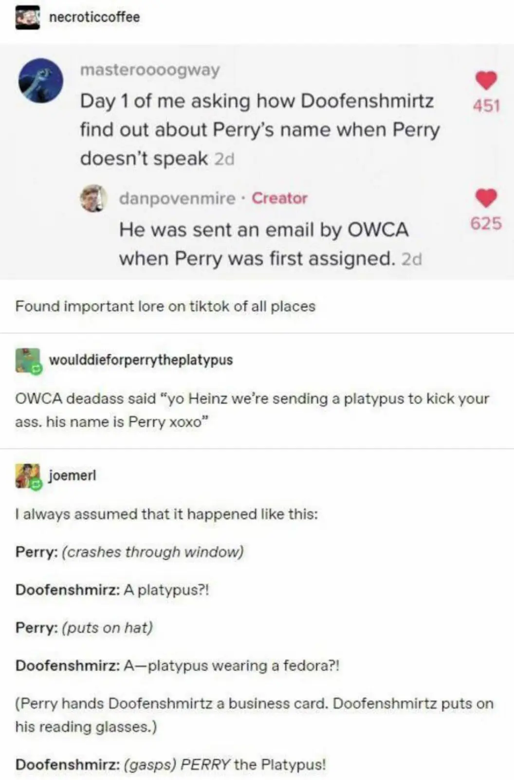 A screenshot of a Reddit thread where users discuss how Dr. Doofenshmirtz learned Perry the Platypus's name, with one user…