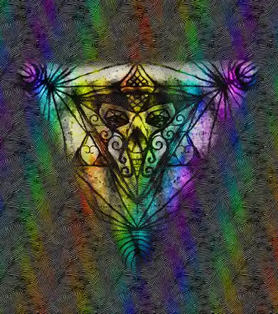 A psychedelic, rainbow-colored image features a stylized, ornate devil's head with horns and a crown, set against a…