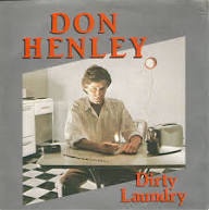 A vintage album cover for Don Henley's 'Dirty Laundry' shows a young man in a kitchen, sitting at a table with a checkered…