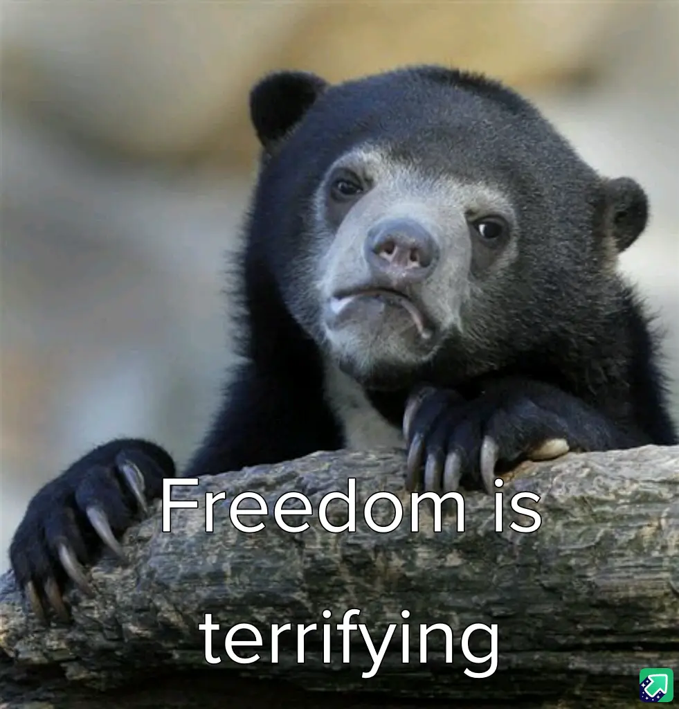 A close-up photo of a sad-looking spectacled bear resting its paws on a log, with the overlaid text 'Freedom is terrifying'…