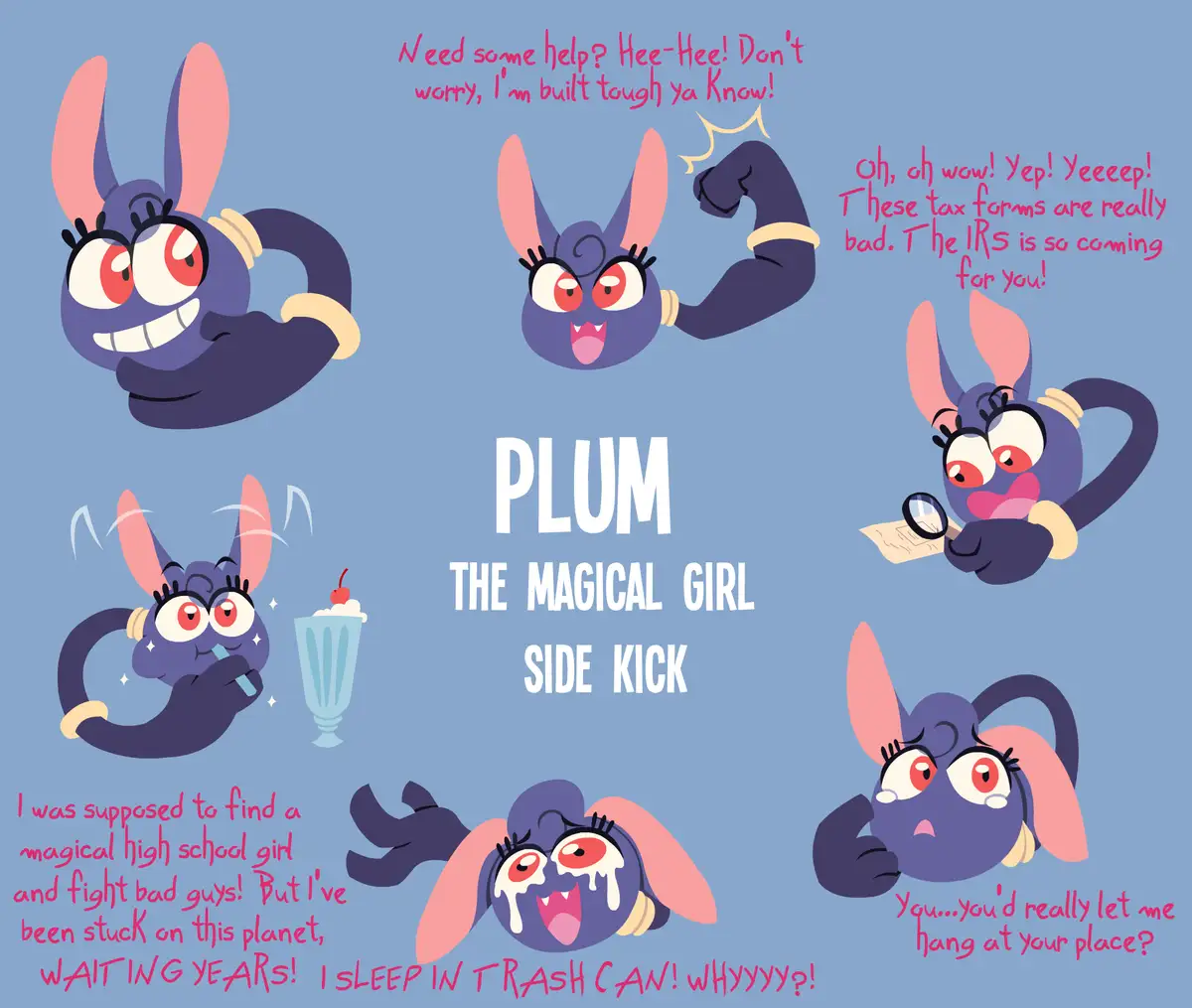 A cartoon illustration of Plum, a purple rabbit-like magical girl sidekick, shown in six different poses with overlaid text…