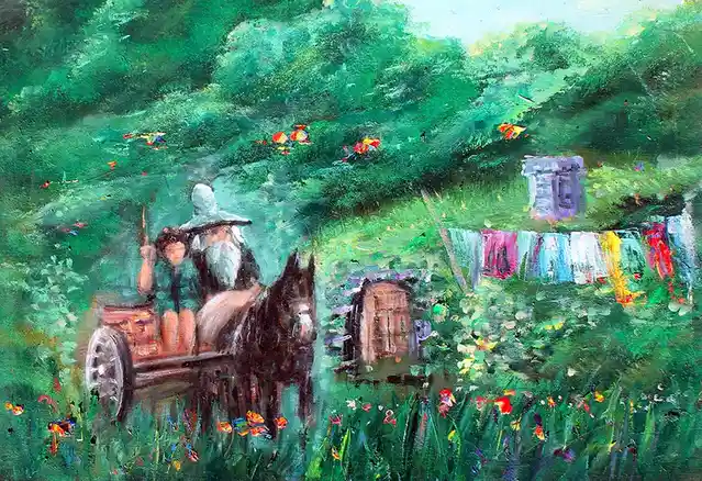 A painting depicts a man with a long white beard and a woman in a cart pulled by a donkey, traveling through a lush green…