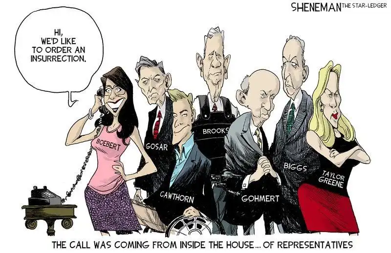 A political cartoon shows a woman in a pink top on an old-fashioned telephone, saying 'Hi, we'd like to order an…