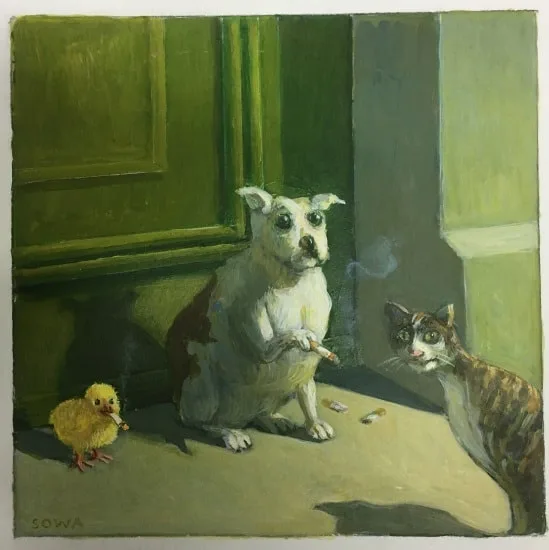 A painting depicts a white dog sitting upright and smoking a cigarette, with smoke curling from it, while a tabby cat…