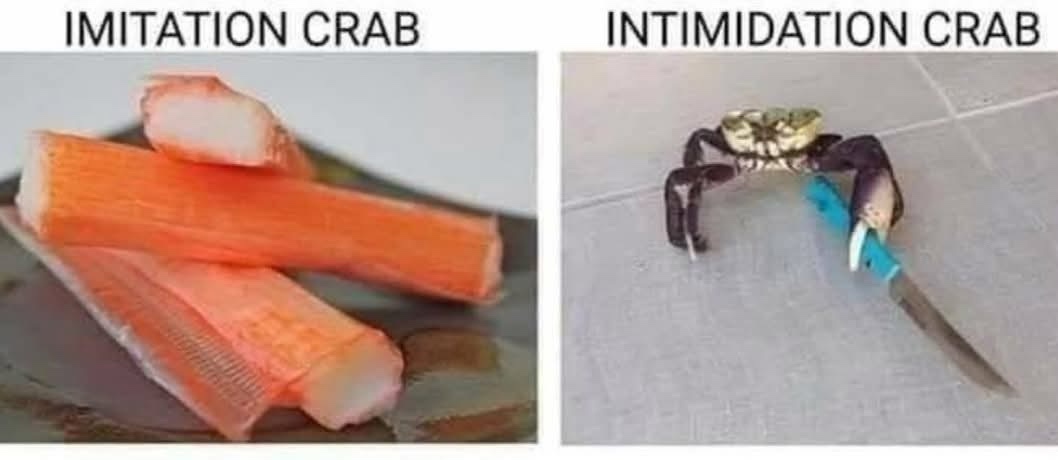 The image is split into two panels. The left panel shows several orange imitation crab sticks on a plate, labeled 'IMITATION…