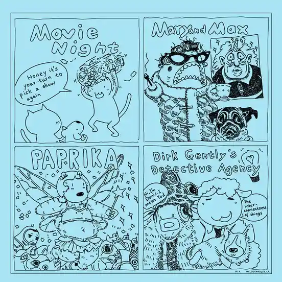A four-panel comic strip with cartoon animals, each panel showing a different movie title: 'Movie Night' with a cat saying…