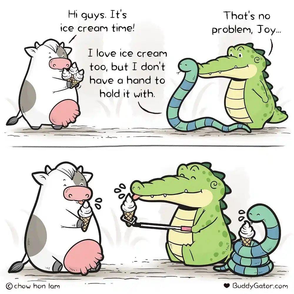 A two-panel cartoon shows a cow holding an ice cream cone and telling a crocodile she loves ice cream but has no hands to…