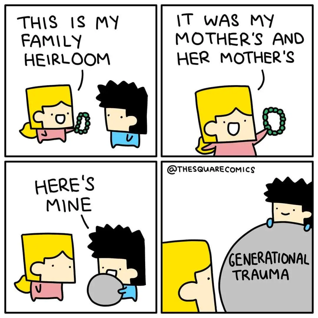A four-panel comic shows a girl proudly showing off a green beaded necklace as a family heirloom, tracing its lineage back…