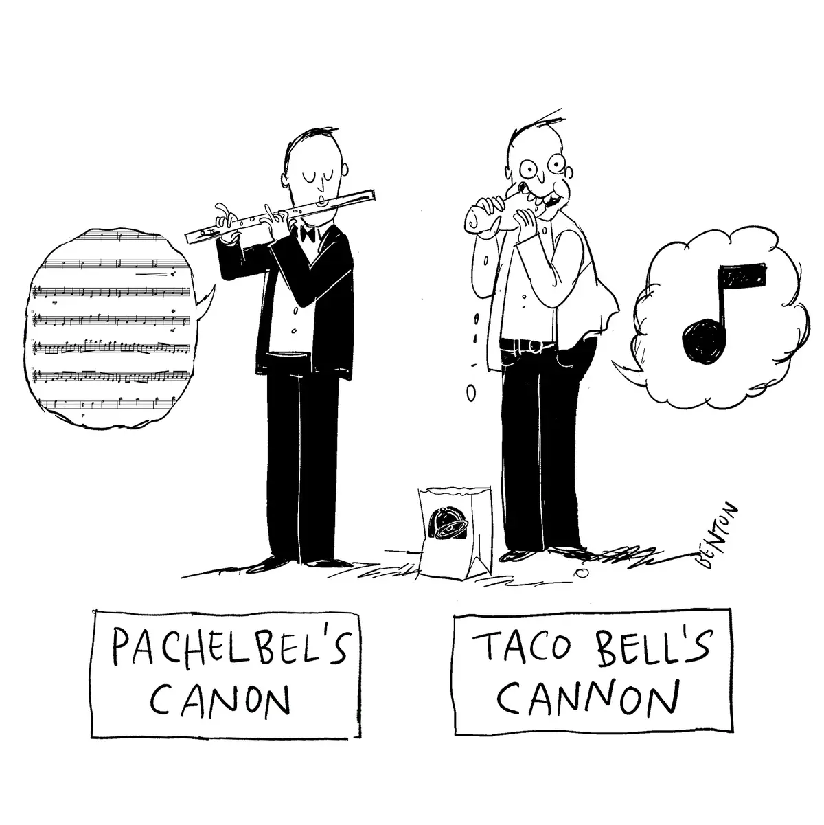 A black-and-white cartoon depicts two men playing flutes. The man on the left, in a suit, plays a complex musical piece…