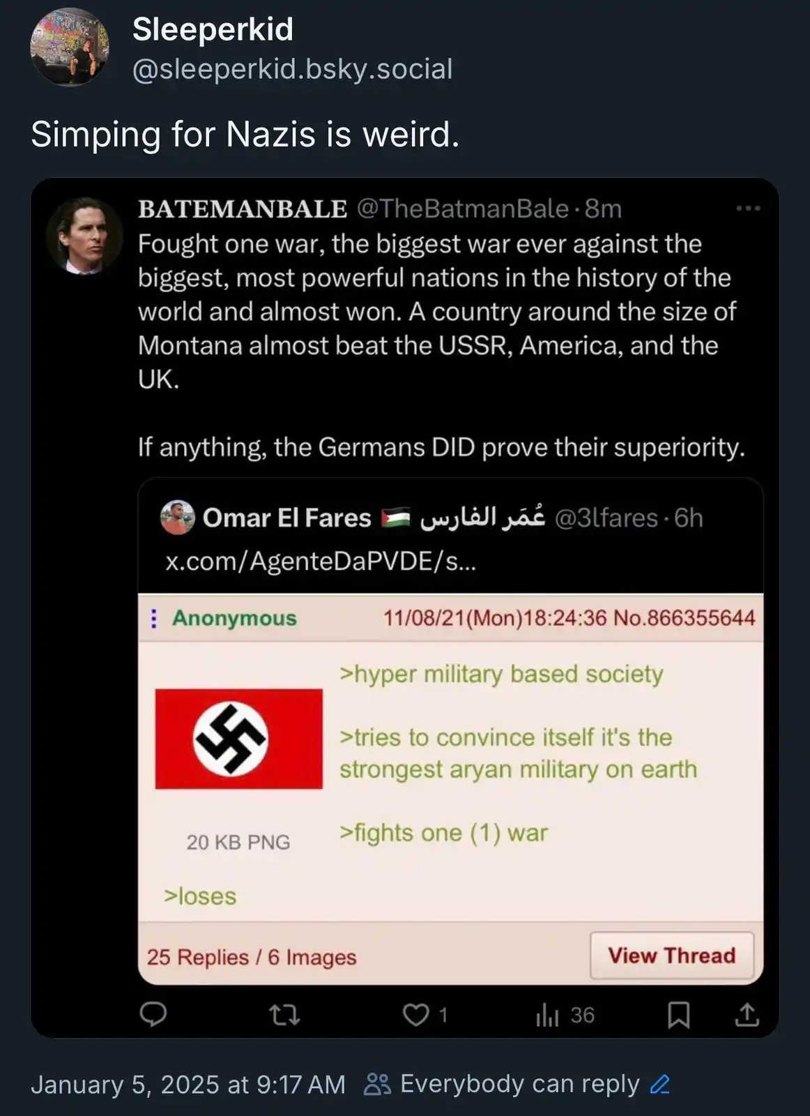 A screenshot of a social media thread where one user praises Germany's WWII military achievements, and another user replies…