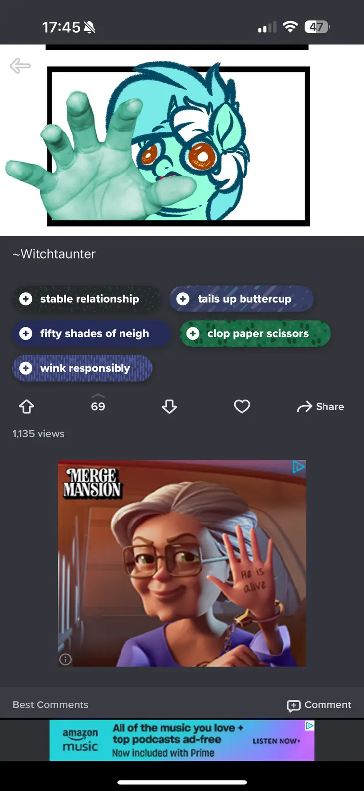 A screenshot of a social media post shows a cartoon character with teal hair and wide eyes holding up a hand, overlaid with…