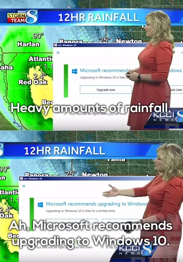 A split-screen image shows a female weather reporter standing beside a map displaying heavy rainfall amounts in inches…