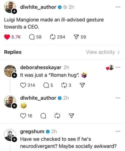 A screenshot of a social media thread shows a user claiming Luigi Mangione made an ill-advised gesture toward a CEO. A reply…