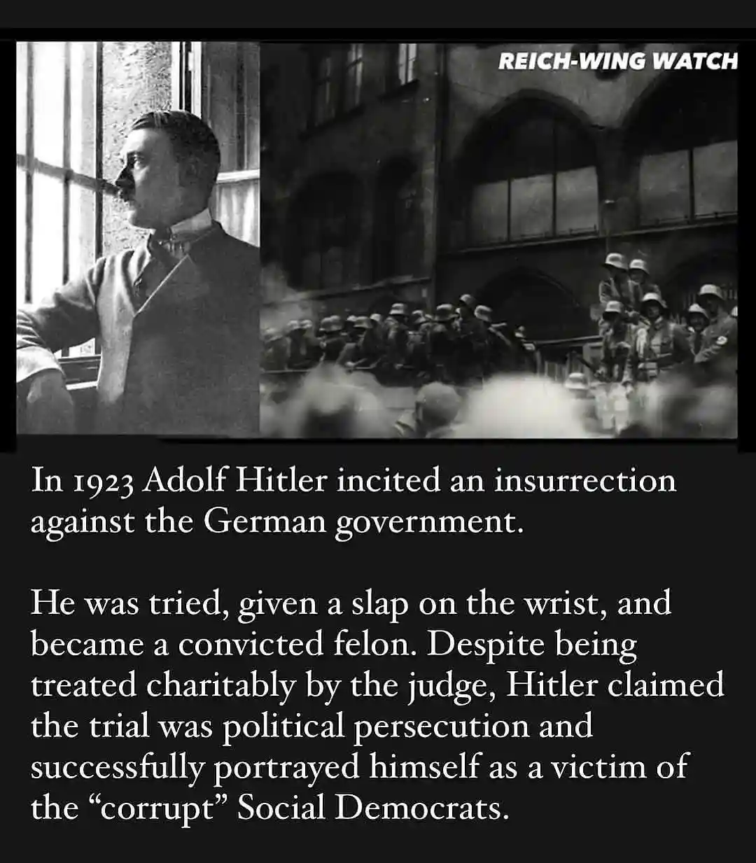 The image is a black-and-white split photo: left side shows Adolf Hitler looking out a window, right side shows soldiers in…