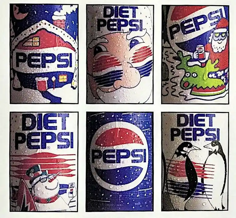 Six vintage Pepsi holiday-themed advertisements are displayed in a grid, featuring a Pepsi house, a Santa Claus, a reindeer…