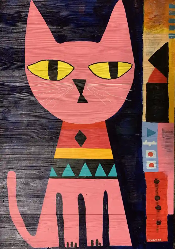 A stylized pink cat with yellow eyes and geometric patterns on its body is painted on a dark wooden surface. The cat wears a…
