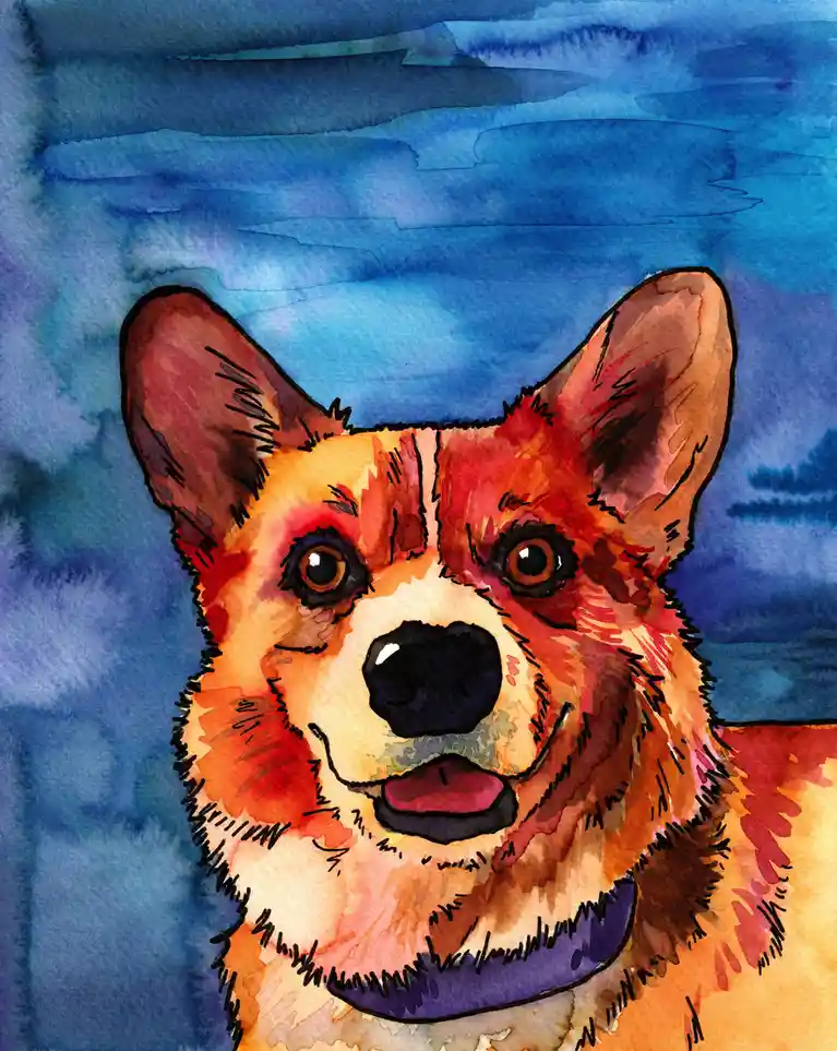 A watercolor painting of a corgi's face with large, expressive eyes and perky ears, set against a blue background. The dog…