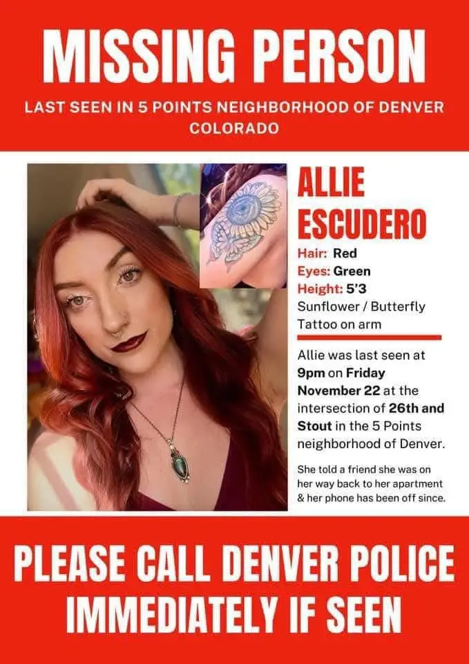 A missing person poster template features a photo of a woman with red hair and dark lipstick, alongside a close-up of a…