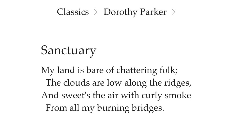 A black-and-white image displays a poem titled 'Sanctuary' by Dorothy Parker, under a 'Classics' category. The poem's text…